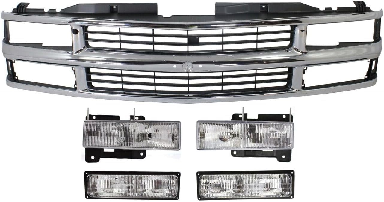 Front Grill Chrome Shell And Insert + Headlights + Signal Lamps Left Driver & Right Passenger Side Direct Replacement Compatible With 1994-2000 Chevrolet C/K Series GM1200238