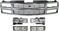 Front Grill Chrome Shell And Insert + Headlights + Signal Lamps Left Driver & Right Passenger Side Direct Replacement Compatible With 1994-2000 Chevrolet C/K Series GM1200238