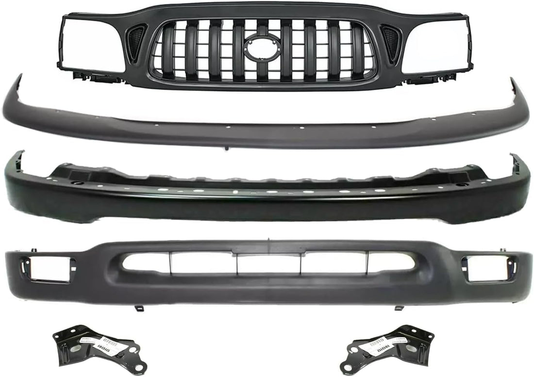 Front Bumper Primed Steel + Grille Assembly + Upper Cover + Lower Valance + Brackets Left & Right Side Direct Replacement Compatible With 2001-2004 Toyota Tacoma 2WD TO1087112
