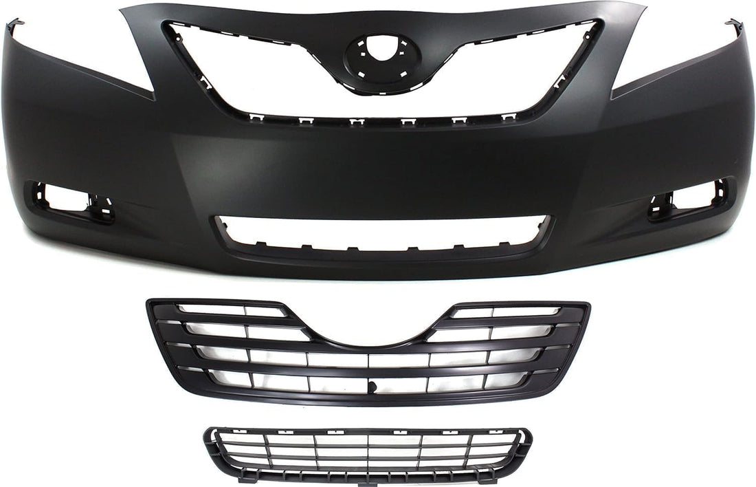 Front Bumper Cover Primed + Upper Grille Black Shell & Insert + Lower Textured Direct Replacement Compatible With 2007-2009 Toyota Camry TO1036103 TO1000329 TO1200288 5311206010