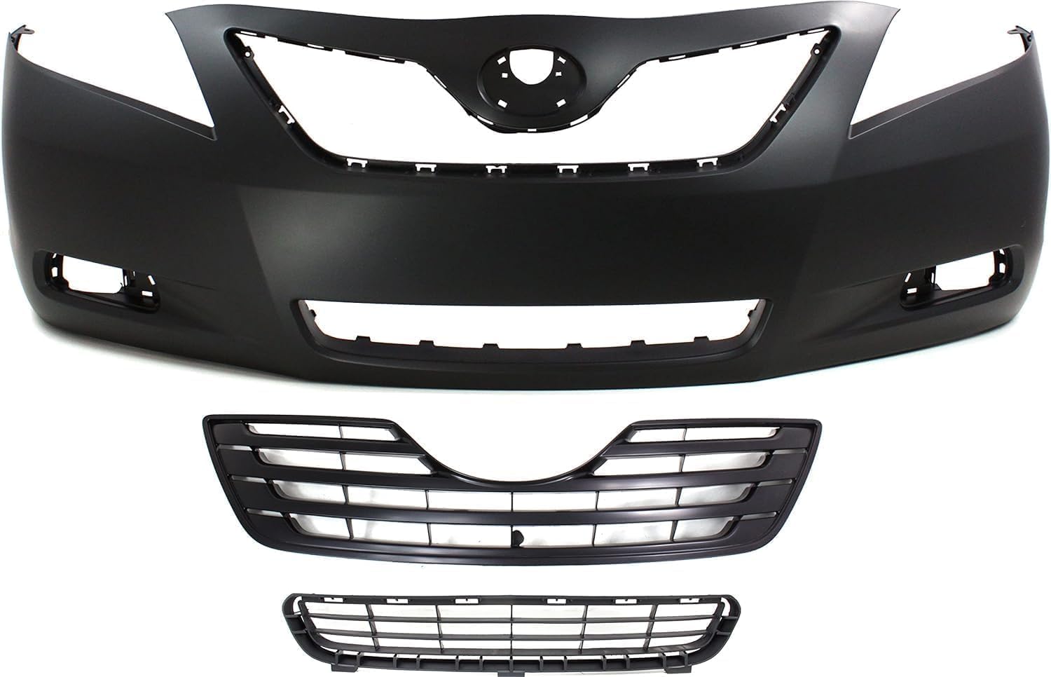 Front Bumper Cover Primed + Upper Grille Black Shell & Insert + Lower Textured Direct Replacement Compatible With 2007-2009 Toyota Camry TO1036103 TO1000329 TO1200288 5311206010