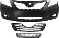 Front Bumper Cover Primed + Upper Grille Black Shell & Insert + Lower Textured Direct Replacement Compatible With 2007-2009 Toyota Camry TO1036103 TO1000329 TO1200288 5311206010