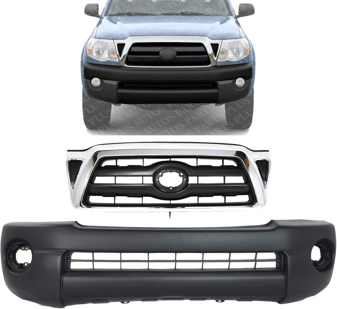 Front Bumper Cover Textured + Grille Chrome Shell/Black Insert Direct Replacement Compatible With 2005-2008 Toyota Tacoma TO1200268 TO1000304 5211904010 5310004360