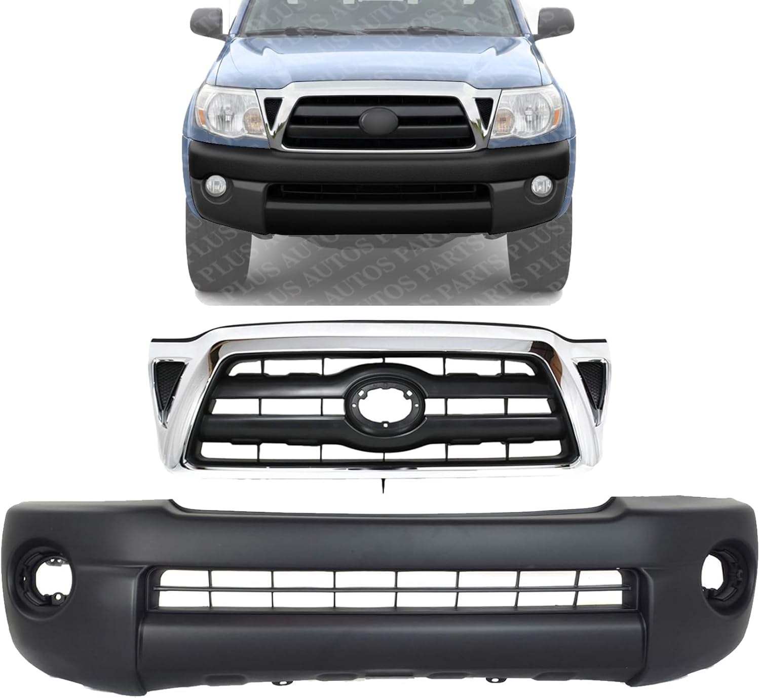 Front Bumper Cover Textured + Grille Chrome Shell/Black Insert Direct Replacement Compatible With 2005-2008 Toyota Tacoma TO1200268 TO1000304 5211904010 5310004360
