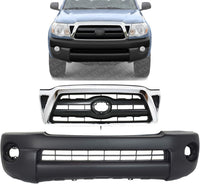 Front Bumper Cover Textured + Grille Chrome Shell/Black Insert Direct Replacement Compatible With 2005-2008 Toyota Tacoma TO1200268 TO1000304 5211904010 5310004360