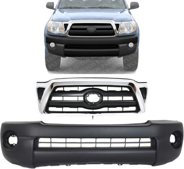 Front Bumper Cover Textured + Grille Chrome Shell/Black Insert Direct Replacement Compatible With 2005-2008 Toyota Tacoma TO1200268 TO1000304 5211904010 5310004360