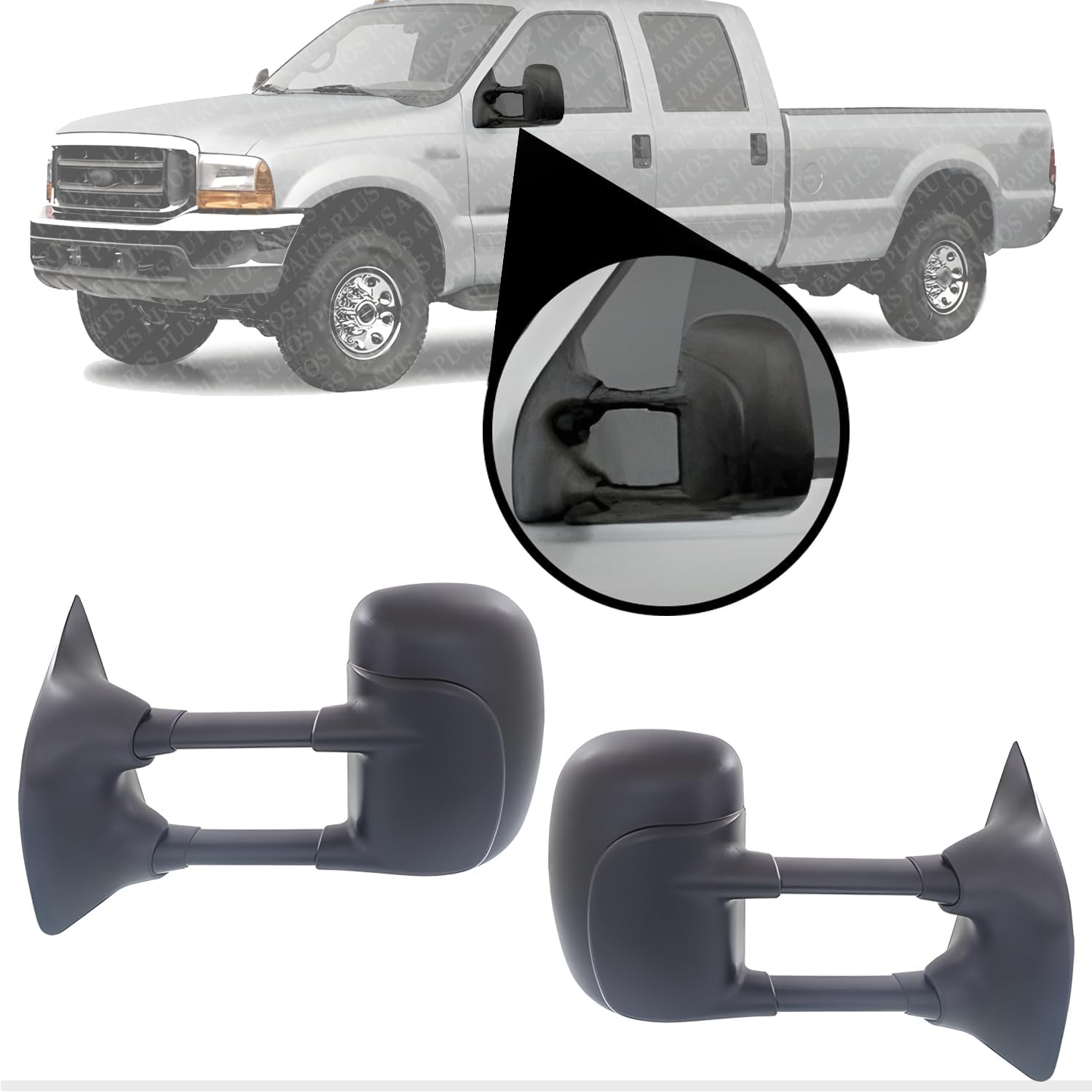 AUTOS PARTS PLUS Set Of 2 Front Manual Towing Mirror Manual Folding Non-Heated Textured Left Driver & Right Passenger Side Direct Replacement Compatible With 1999-2007 Ford F-Series Super Duty