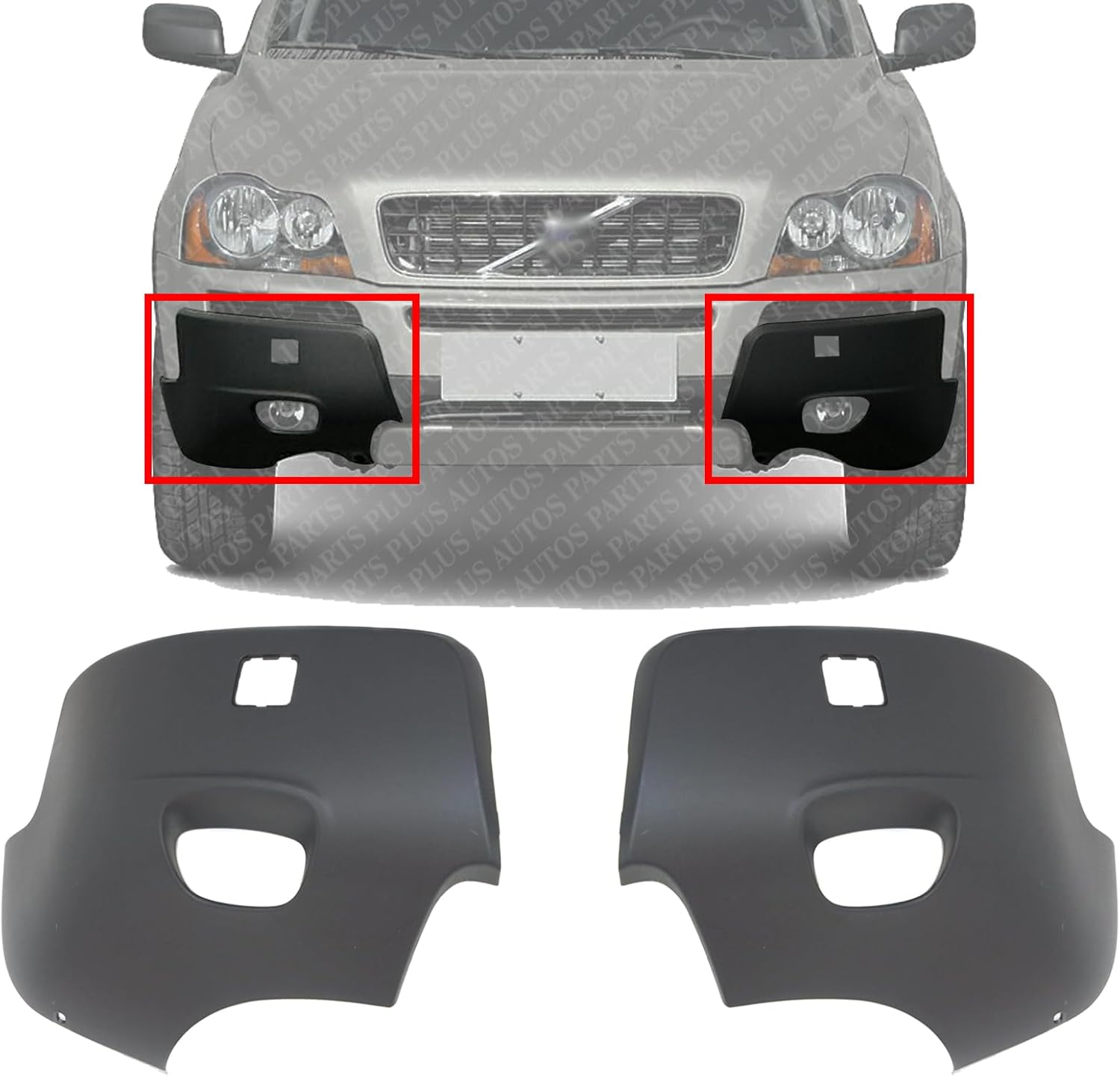 Set Of 2 Front Bumper End Cap With Fog Light Hole Primed Left Driver & Right Passenger Side Direct Replacement Compatible With 2003-2006 Volvo XC90 VO1017101 VO1016101 86483351