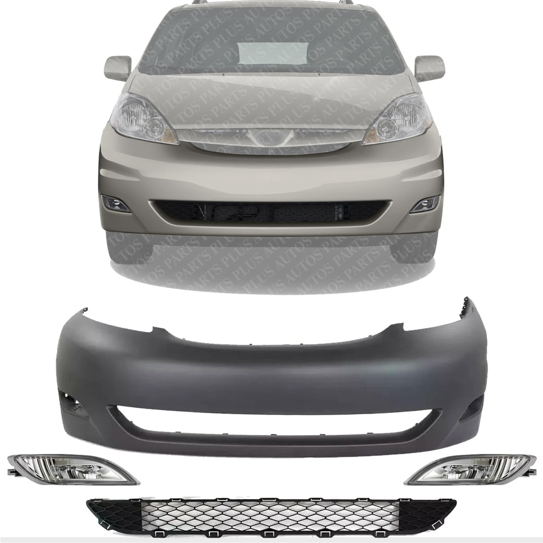 Front Bumper Cover Primed + Lower Grille Black + Fog Lights Left Driver And Right Passenger Side Direct Replacement Compatible With 2006-2010 Toyota Sienna