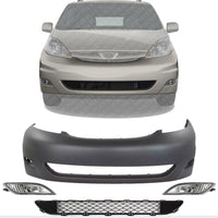 Front Bumper Cover Primed + Lower Grille Black + Fog Lights Left Driver And Right Passenger Side Direct Replacement Compatible With 2006-2010 Toyota Sienna