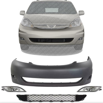 Front Bumper Cover Primed + Lower Grille Black + Fog Lights Left Driver And Right Passenger Side Direct Replacement Compatible With 2006-2010 Toyota Sienna