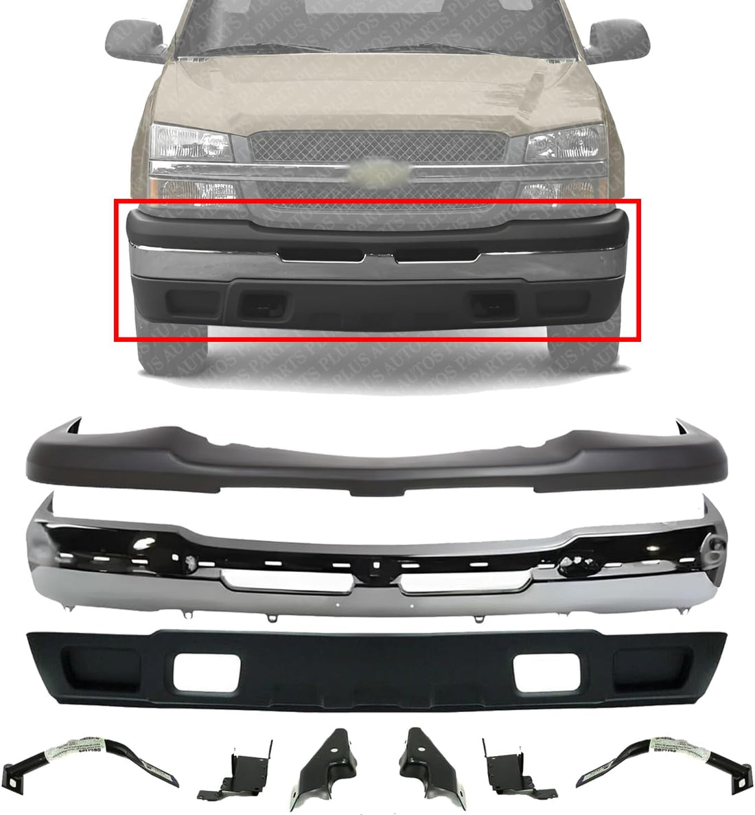 Front Bumper Chrome Steel + Upper Cover + Lower Valance Textured + Bracket Set Of 6 Right & Left Side Direct Replacement Compatible With Chevrolet Silverado 1500 2003-2006