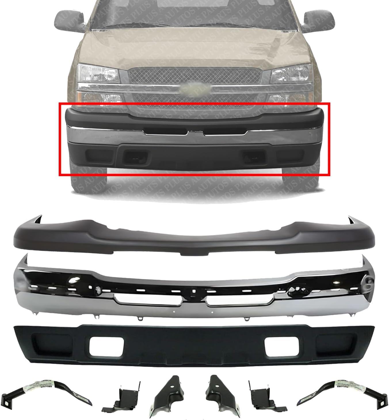 Front Bumper Chrome Steel + Upper Cover + Lower Valance Textured + Bracket Set Of 6 Right & Left Side Direct Replacement Compatible With Chevrolet Silverado 1500 2003-2006