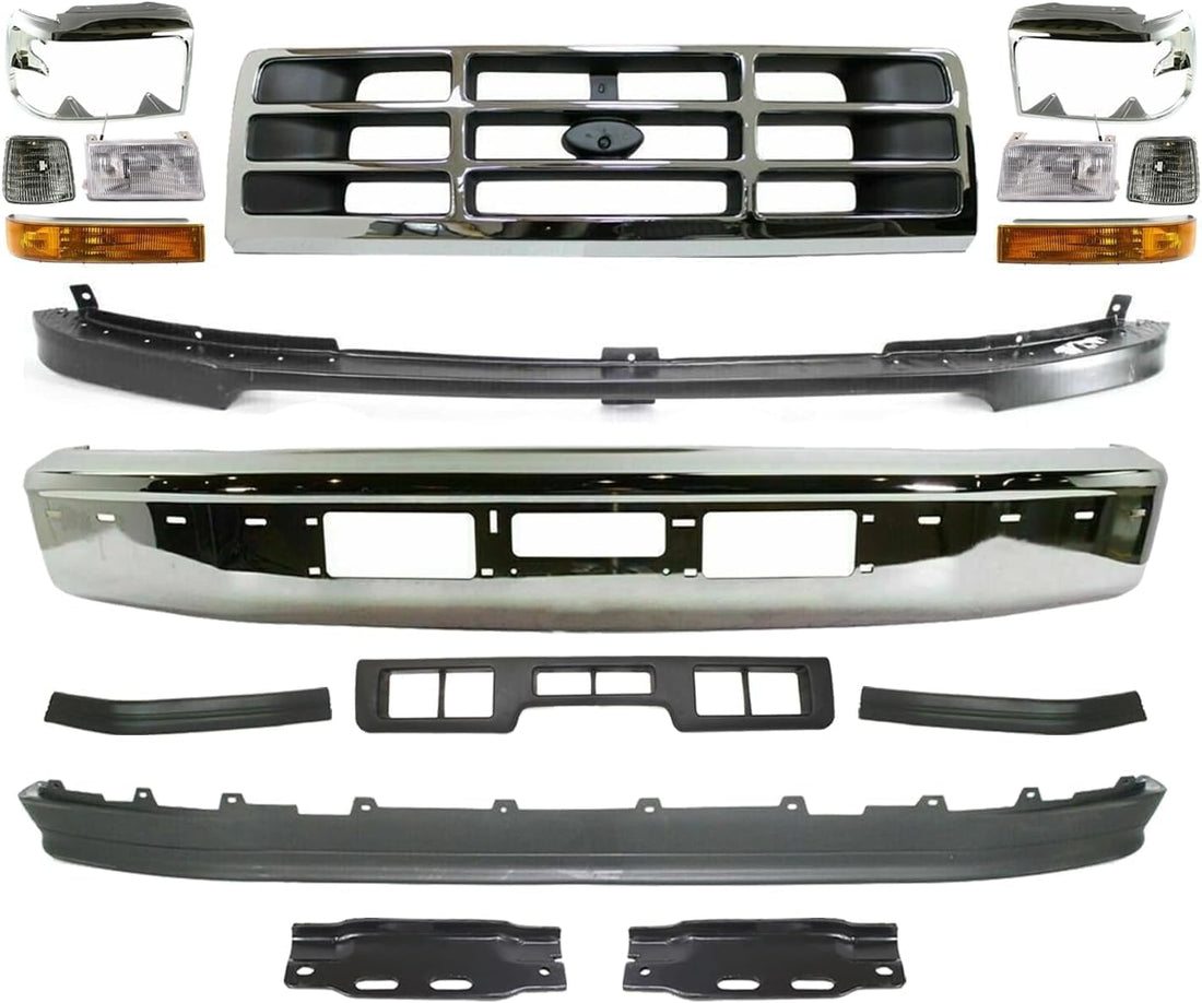 Front Bumper + Molding + Grille + Header Panel + Lower Valance + Bracket + Headlight Kit Left & Right Direct Replacement Compatible With 92-96 Ford F-150 Bronco / 92-97 F-250 F-350