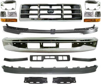 Front Bumper + Molding + Grille + Header Panel + Lower Valance + Bracket + Headlight Kit Left & Right Direct Replacement Compatible With 92-96 Ford F-150 Bronco / 92-97 F-250 F-350