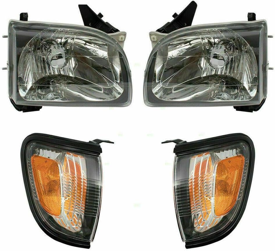 Front Grille Primed Shell & Insert + HeadLight & Corner Lamp Left Driver & Right Passenger Side Direct Replacement Compatible With 2001-2004 Toyota Tacoma TO2502136 TO2503136