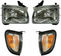 Front Grille Primed Shell & Insert + HeadLight & Corner Lamp Left Driver & Right Passenger Side Direct Replacement Compatible With 2001-2004 Toyota Tacoma TO2502136 TO2503136
