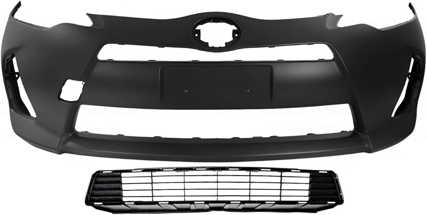 Front Bumper Cover Primed Plastic + Lower Grille + Fog Lights + Trim Left Driver & Right Passenger Side Direct Replacement Compatible With 2012-2014 Toyota Prius C