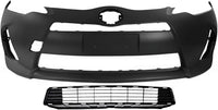 Front Bumper Cover Primed Plastic + Lower Grille + Fog Lights + Trim Left Driver & Right Passenger Side Direct Replacement Compatible With 2012-2014 Toyota Prius C