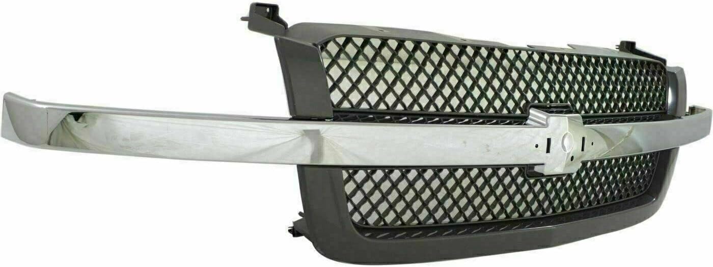 Front Grille Mesh Gray With Chrome Center Bar Direct Replacement Compatible With 2003-2006 Chevrolet Silverado GM1200489 19168629