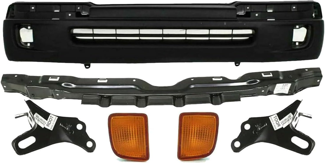 Front Bumper Textured + Reinforcement + Signal Lights + Brackets Right Passenger & Left Driver Side Direct Replacement Compatible With 1998-2000 Toyota Tacoma TO1095173 TO1025104