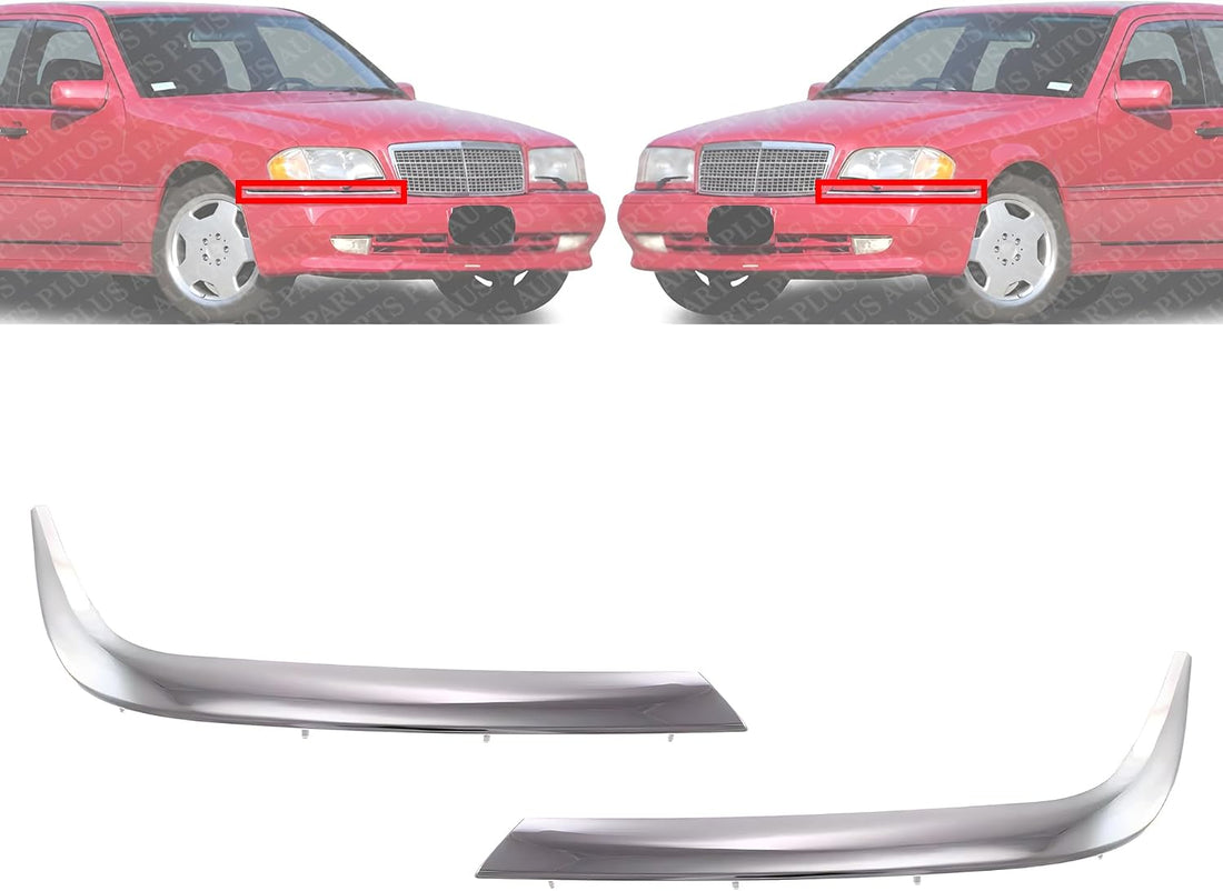 Set Of 2 Front Bumper Trim Chrome Left Driver & Right Passenger Side Direct Replacement Compatible With 1998-2000 Mercedes Benz C-Class 202 Chassis MB1047106 MB1046106 2028851074