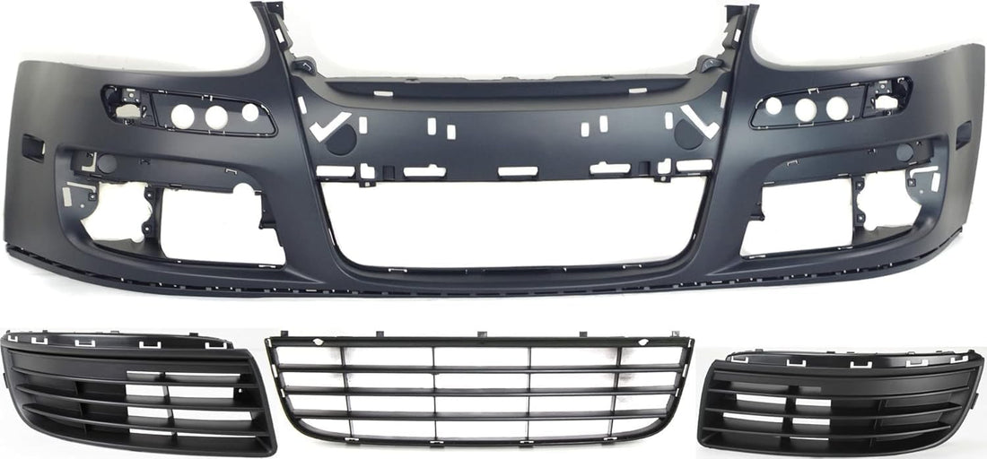 Front Bumper Cover Primed + Lower Grille + Fog Light Cover Left Driver & Right Passenger Side Direct Replacement Compatible With 2005-2010 Volkswagen Jetta VW1000161 VW1036106
