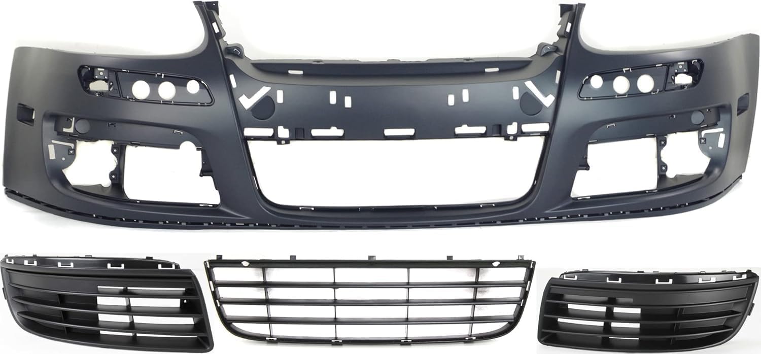 Front Bumper Cover Primed + Lower Grille + Fog Light Cover Left Driver & Right Passenger Side Direct Replacement Compatible With 2005-2010 Volkswagen Jetta VW1000161 VW1036106