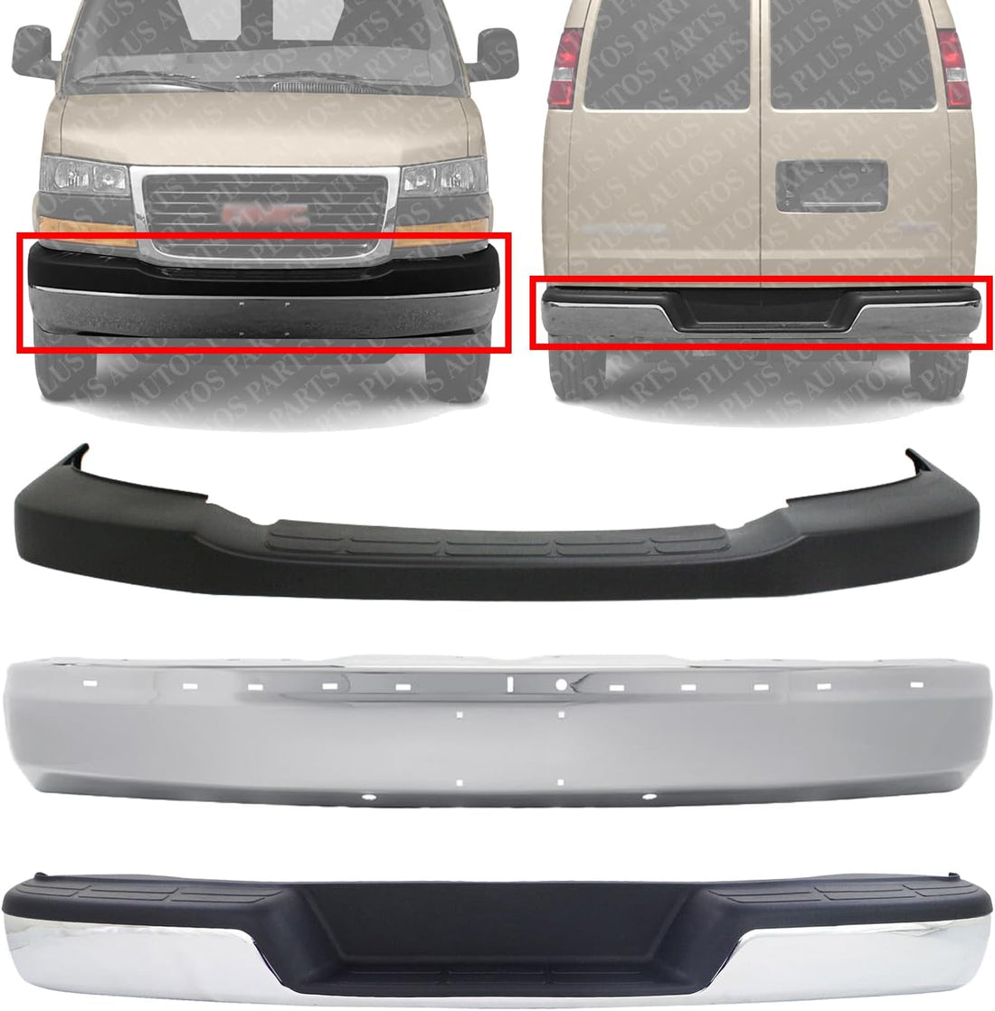 Front & Rear Bumper Chrome Steel + Upper Cover Textured Direct Replacement Compatible With 2003-2023 Chevrolet Express/GMC Savana 1500 2500 3500 GM1103142 GM1000693 GM1002459