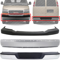 Front & Rear Bumper Chrome Steel + Upper Cover Textured Direct Replacement Compatible With 2003-2023 Chevrolet Express/GMC Savana 1500 2500 3500 GM1103142 GM1000693 GM1002459