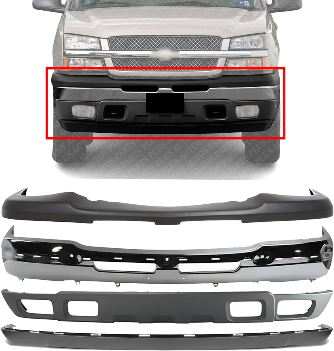 Front Bumper Chrome Steel + Upper Cover + Lower Valance + Extension Textured Direct Replacement Compatible With 2003-2006 Chevrolet Silverado 1500 GM1051110 GM1002416 GM1092200