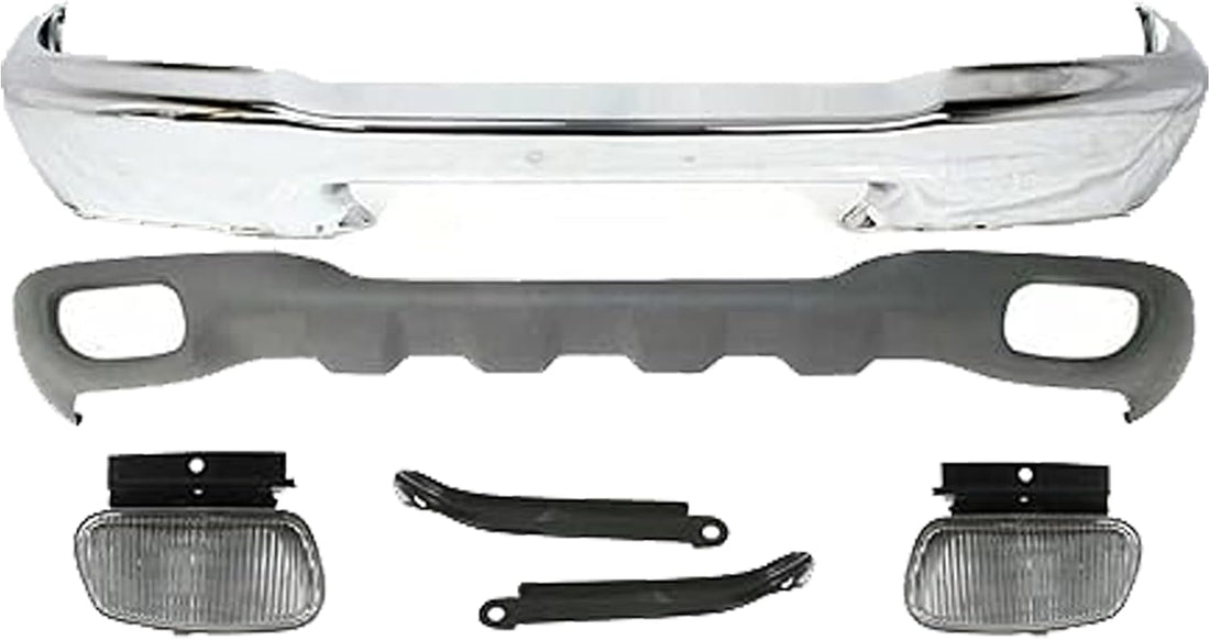 Front Bumper Chrome + Lower Valance Textured + Fog Lights + Brackets Right Passenger & Left Driver Side Direct Replacement Compatible With 1999-2000 Ford Ranger FO1002361 FO1095172