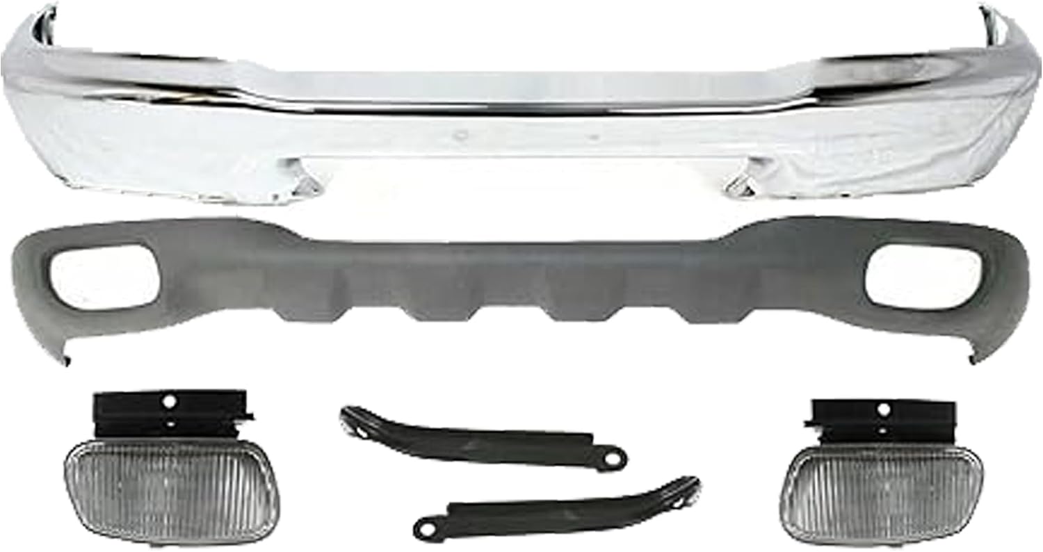 Front Bumper Chrome + Lower Valance Textured + Fog Lights + Brackets Right Passenger & Left Driver Side Direct Replacement Compatible With 1999-2000 Ford Ranger FO1002361 FO1095172