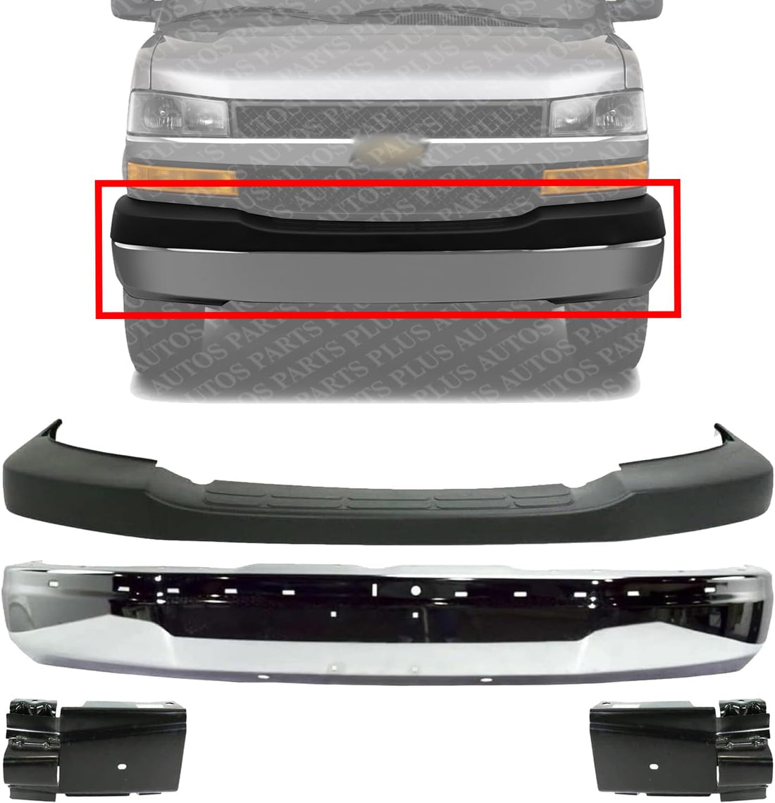 Front Bumper Steel + Upper Cover Textured + Bracket Right & Left Side Direct Replacement Compatible With 2003-2023 Chevrolet Express & GMC Savana 2500 3500/2003-2014 1500 GM1000693
