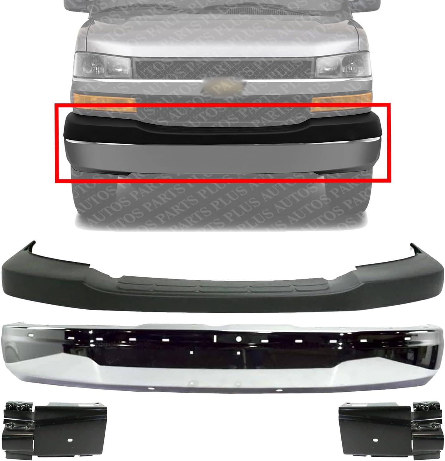 Front Bumper Steel + Upper Cover Textured + Bracket Right & Left Side Direct Replacement Compatible With 2003-2023 Chevrolet Express & GMC Savana 2500 3500/2003-2014 1500 GM1000693