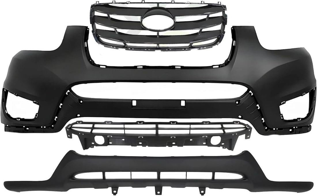 Front Bumper Cover Primed Plastic + Valance + Upper & Lower Grille Direct Replacement Compatible with 2010-2012 Hyundai Santa Fe