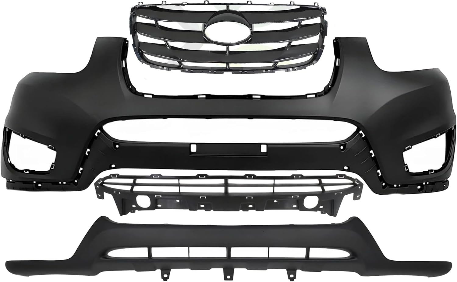 Front Bumper Cover Primed Plastic + Valance + Upper & Lower Grille Direct Replacement Compatible with 2010-2012 Hyundai Santa Fe