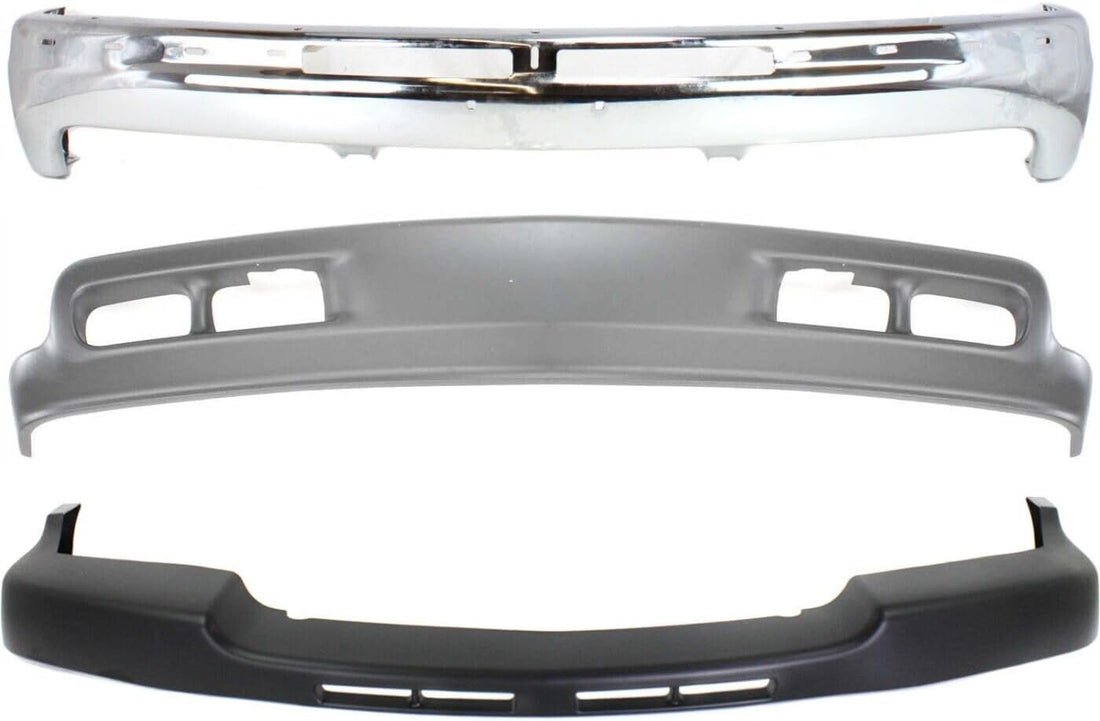 Front Bumper Chrome Steel + Upper Cover Textured + Lower Valance Air Deflector Direct Replacement Compatible With 2001-2002 Chevrolet Silverado 2500HD 3500 GM1002376 GM1051106