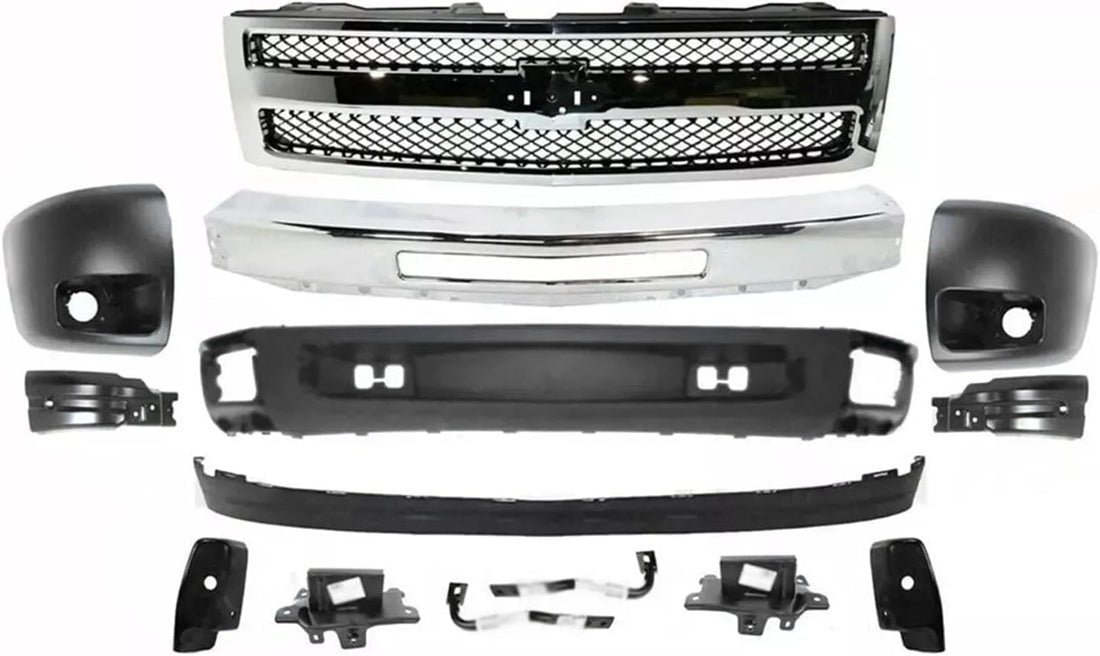 Front Bumper Chrome Steel + Grille + Lower Valance + Extension Textured + End Caps + Brackets Left & Right Side Direct Replacement Compatible With 2007-2013 Chevrolet Silverado 1500