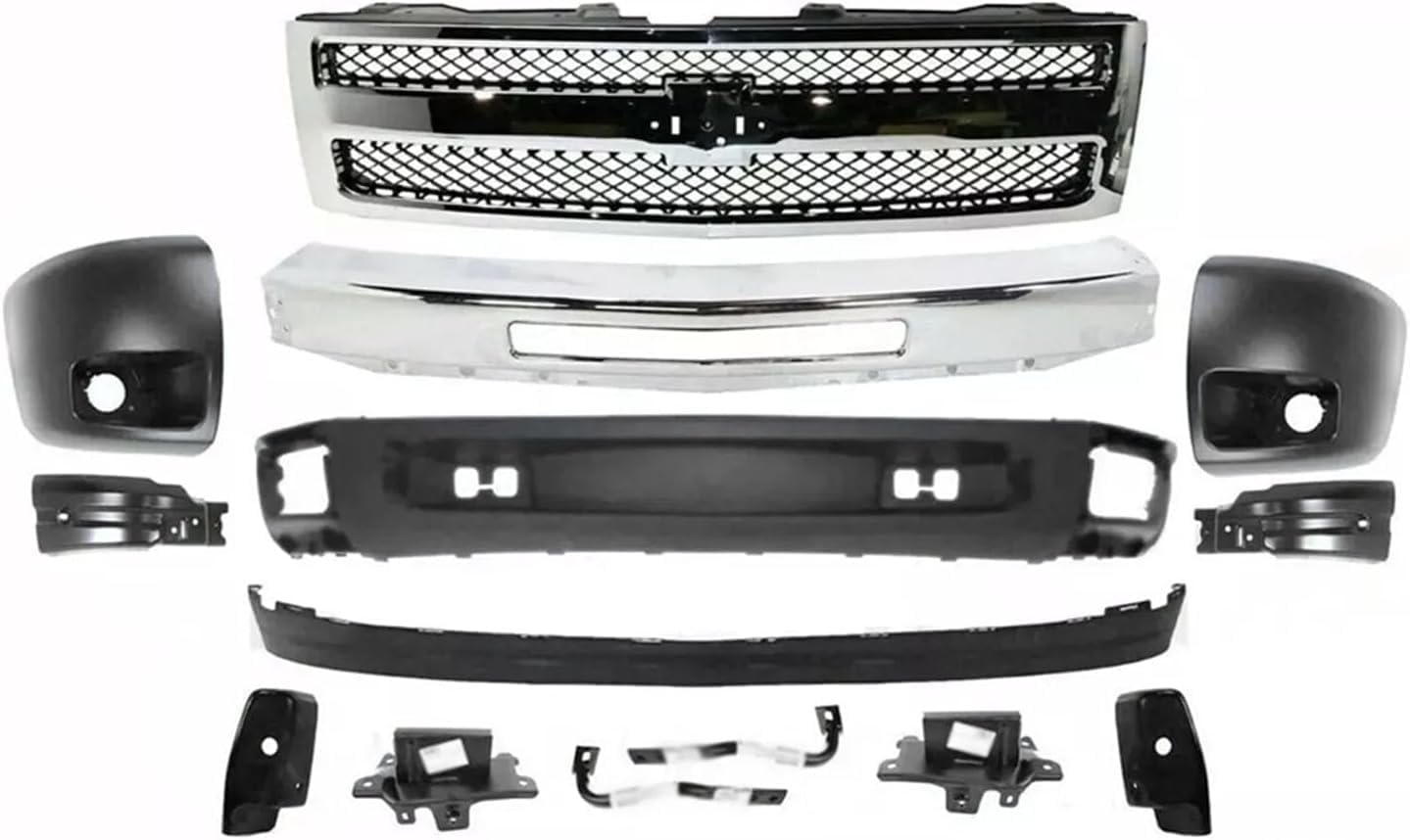 Front Bumper Chrome Steel + Grille + Lower Valance + Extension Textured + End Caps + Brackets Left & Right Side Direct Replacement Compatible With 2007-2013 Chevrolet Silverado 1500
