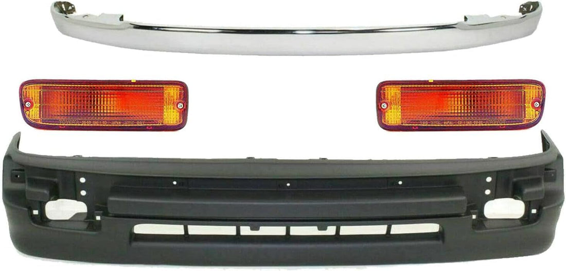 Front Bumper Chrome + Lower Valance Textured + Signal Light Left Driver & Right Passenger Side Direct Replacement Compatible With 1998-2000 Toyota Tacoma TO1095171 TO2530122 TO2531122