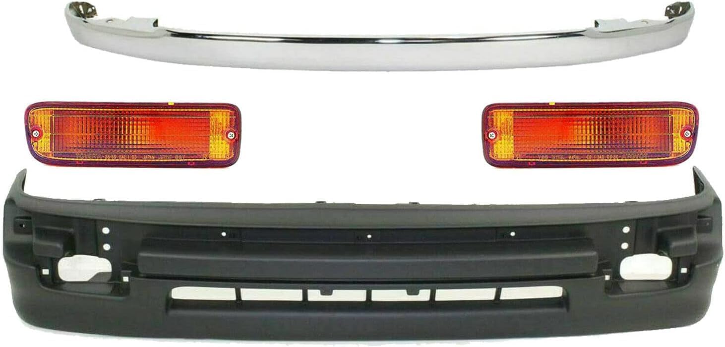 Front Bumper Chrome + Lower Valance Textured + Signal Light Left Driver & Right Passenger Side Direct Replacement Compatible With 1998-2000 Toyota Tacoma TO1095171 TO2530122 TO2531122