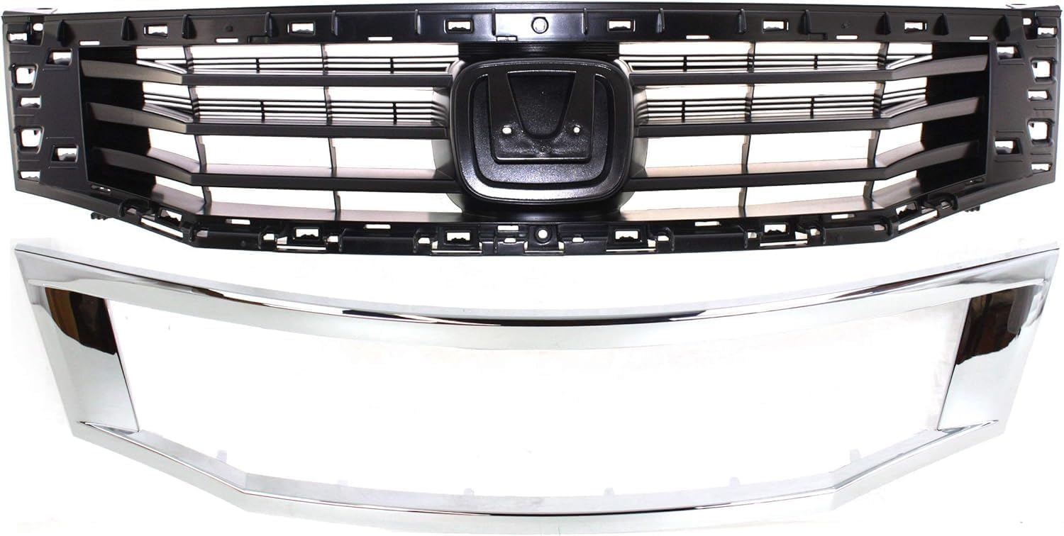 Front Bumper Cover Primed + Grille Shell & Insert With Chrome Molding + Head Lights Left Driver And Right Passenger Side Direct Replacement Compatible With 2008-2010 Honda Accord