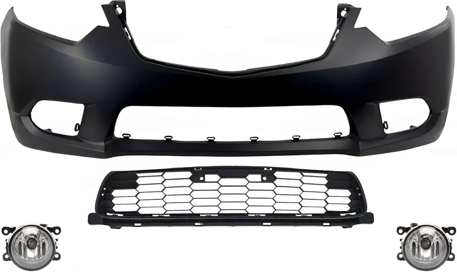 Front Bumper Cover Primed Plastic + Lower Grille + Fog Light Left Driver & Right Passenger Side Direct Replacement Compatible With 2011-2014 Acura TSX