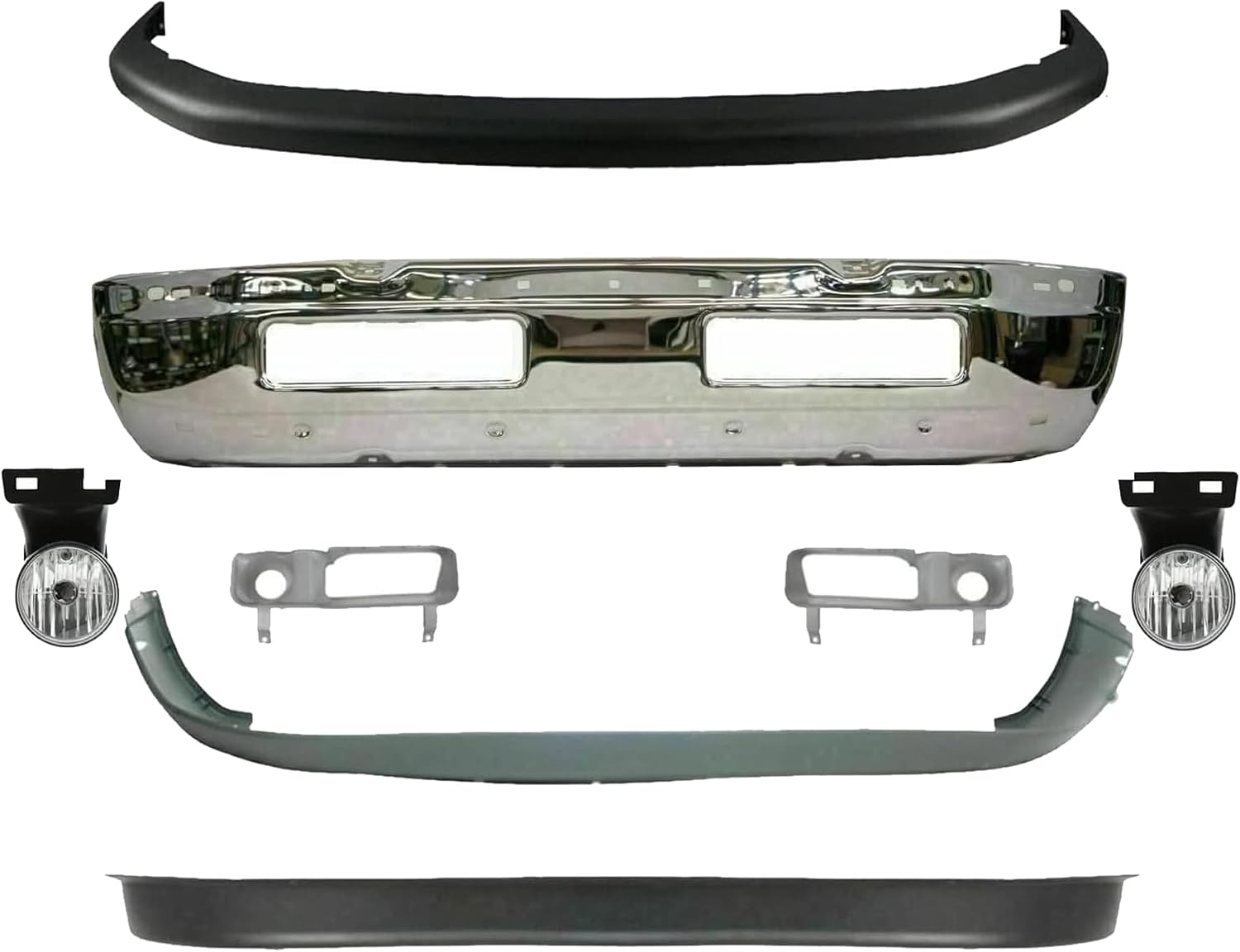 Front Bumper Chrome Steel + Upper & Lower Cover + Valance Textured + Fog Lights + Bezels Left & Right Side Direct Replacement Compatible With 1994-2002 Dodge Ram 1500 2500 3500