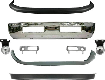 Front Bumper Chrome Steel + Upper & Lower Cover + Valance Textured + Fog Lights + Bezels Left & Right Side Direct Replacement Compatible With 1994-2002 Dodge Ram 1500 2500 3500