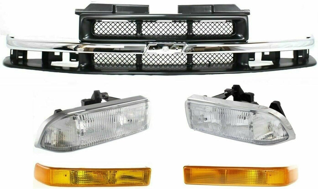 Front Grille Primed With Chrome Center Bar + Signal Lamp + Head Lights Left Driver & Right Passenger Side Direct Replacement Compatible With 1998-2004 Chevrolet S10/Blazer GM1200419