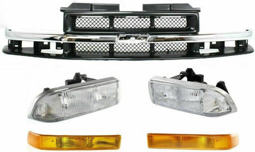 Front Grille Primed With Chrome Center Bar + Signal Lamp + Head Lights Left Driver & Right Passenger Side Direct Replacement Compatible With 1998-2004 Chevrolet S10/Blazer GM1200419