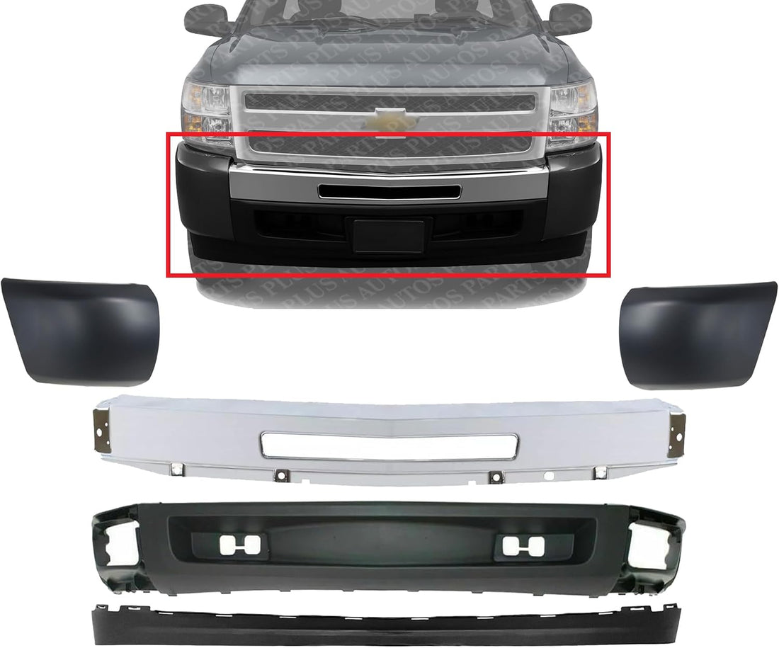 Front Bumper Impact Bar Chrome + Lower Valance + Extension + End Caps Left Driver & Right Passenger Side Direct Replacement Compatible With 2007-2013 Chevrolet Silverado 1500