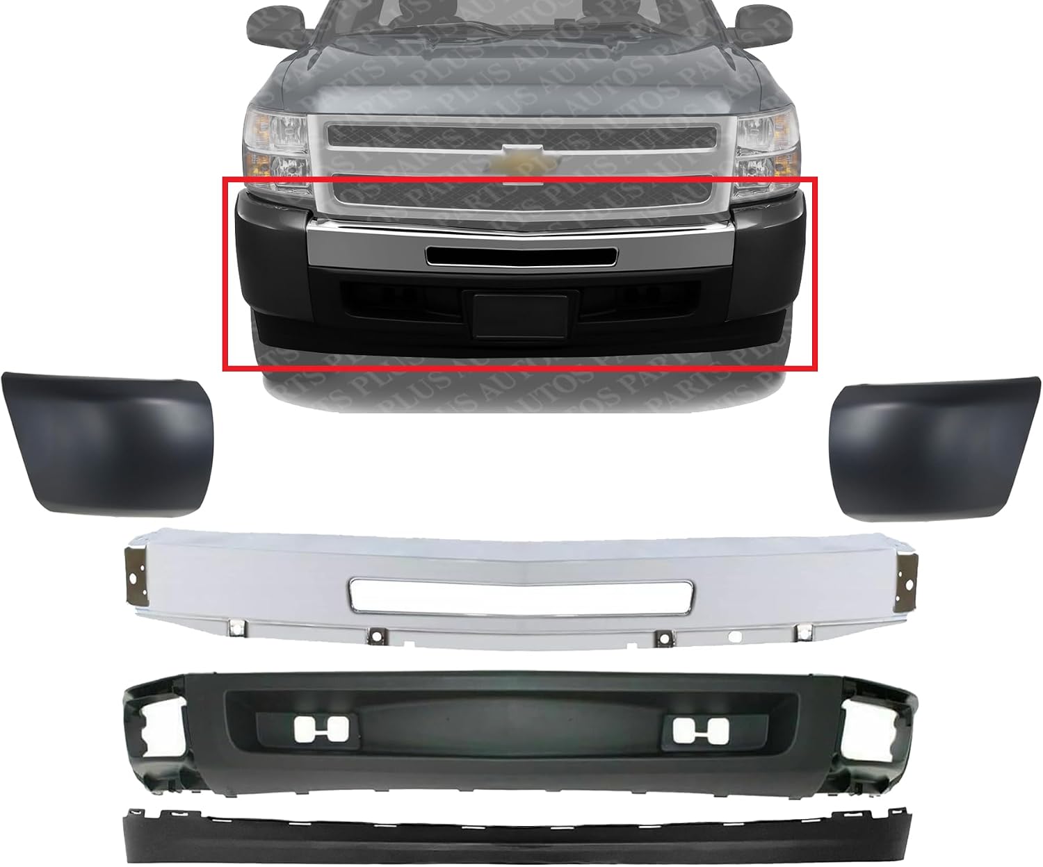 Front Bumper Impact Bar Chrome + Lower Valance + Extension + End Caps Left Driver & Right Passenger Side Direct Replacement Compatible With 2007-2013 Chevrolet Silverado 1500